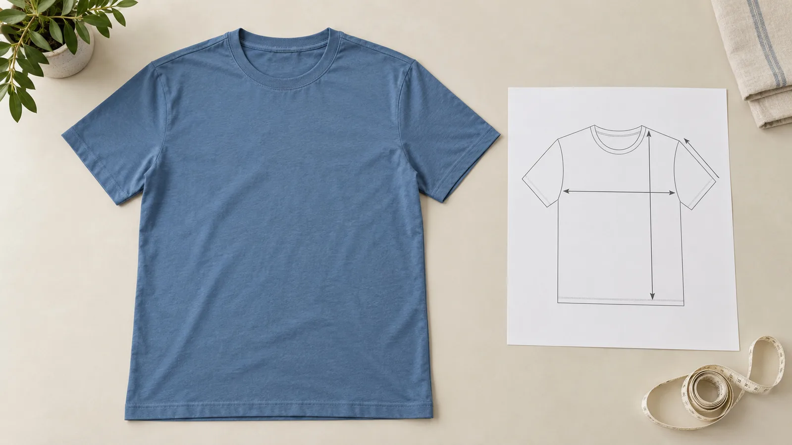 เสื้อยืดธรรมดาวางราบข้างภาพร่างการวัดขนาดเสื้อผ้า