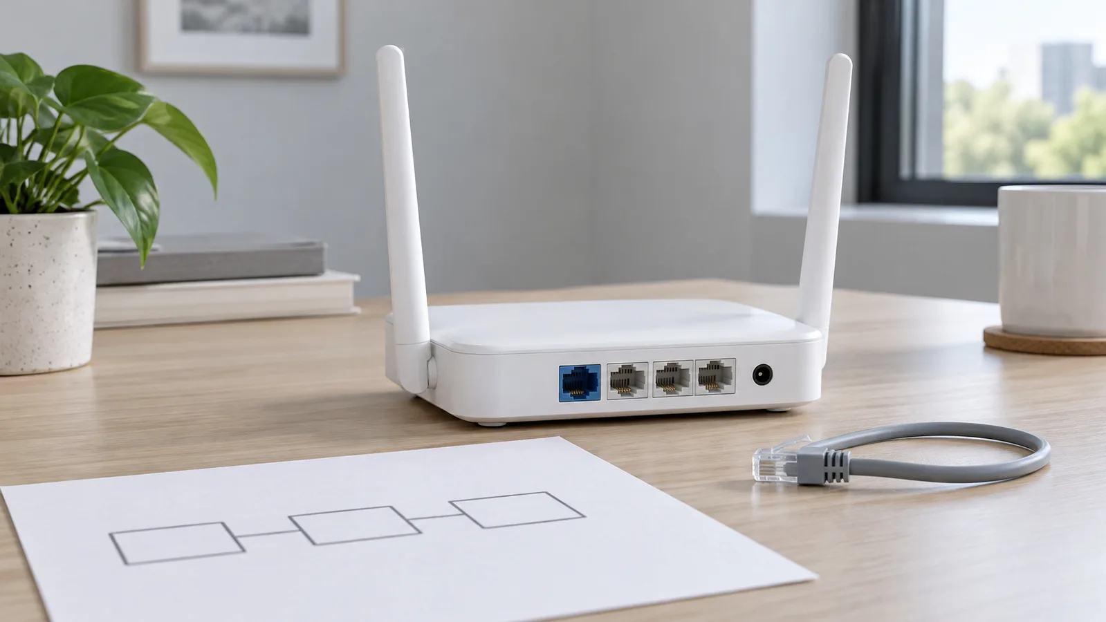 เราเตอร์ Wi-Fi เดสก์ท็อปสีขาวที่ไม่มีแบรนด์ พร้อมพอร์ตอีเทอร์เน็ตด้านหลังที่มองเห็นได้ ข้างภาพร่างเครือข่ายที่เรียบง่าย